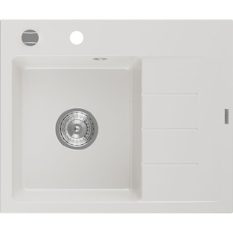 Mexen Ben évier en granit 1 bac avec égouttoir gauche 600 x 500 mm, blanc, siphon chromé - 6522605000-20