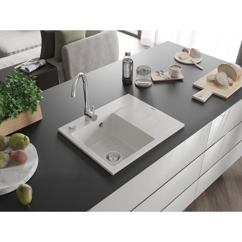 Mexen Ben évier en granit 1 bac avec égouttoir, gauche 600 x 500 mm, blanc, siphon chromé - 6522605000-20