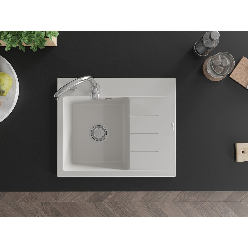 Mexen Ben évier en granit 1 bac avec égouttoir, gauche 600 x 500 mm, blanc, siphon chromé - 6522605000-20