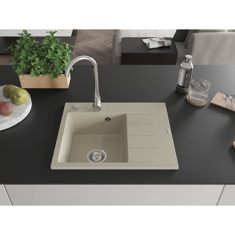 Mexen Ben Évier en granit 1 bac avec égouttoir, gauche 600 x 500 mm, beige, siphon chromé - 6522605000-69