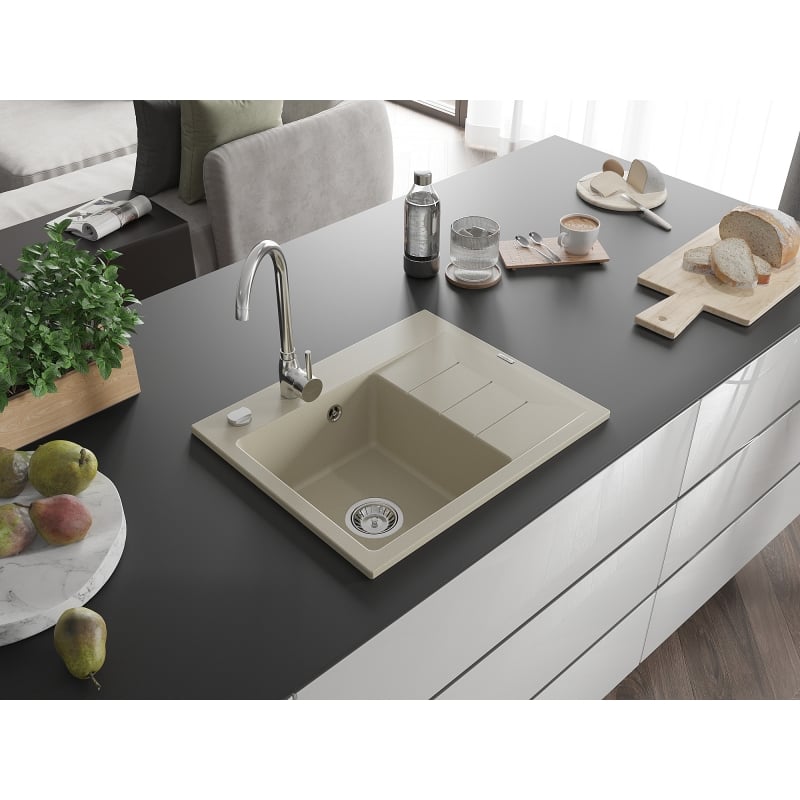 Mexen Ben Évier en granit 1 bac avec égouttoir, gauche 600 x 500 mm, beige, siphon chromé - 6522605000-69