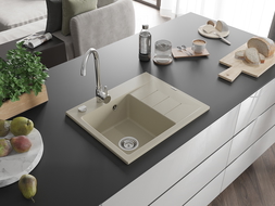Mexen Ben évier en granit 1 bac avec égouttoir gauche 600 x 500 mm, beige, siphon chromé - 6522605000-69