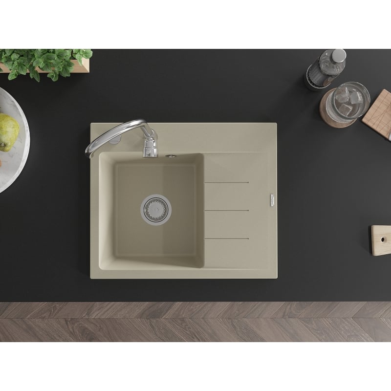 Mexen Ben Évier en granit 1 bac avec égouttoir, gauche 600 x 500 mm, beige, siphon chromé - 6522605000-69