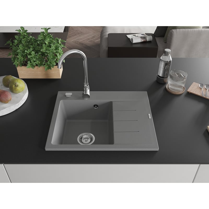 Mexen Ben évier en granit 1 bac avec égouttoir, gauche 600 x 500 mm, gris, siphon chromé - 6522605000-71