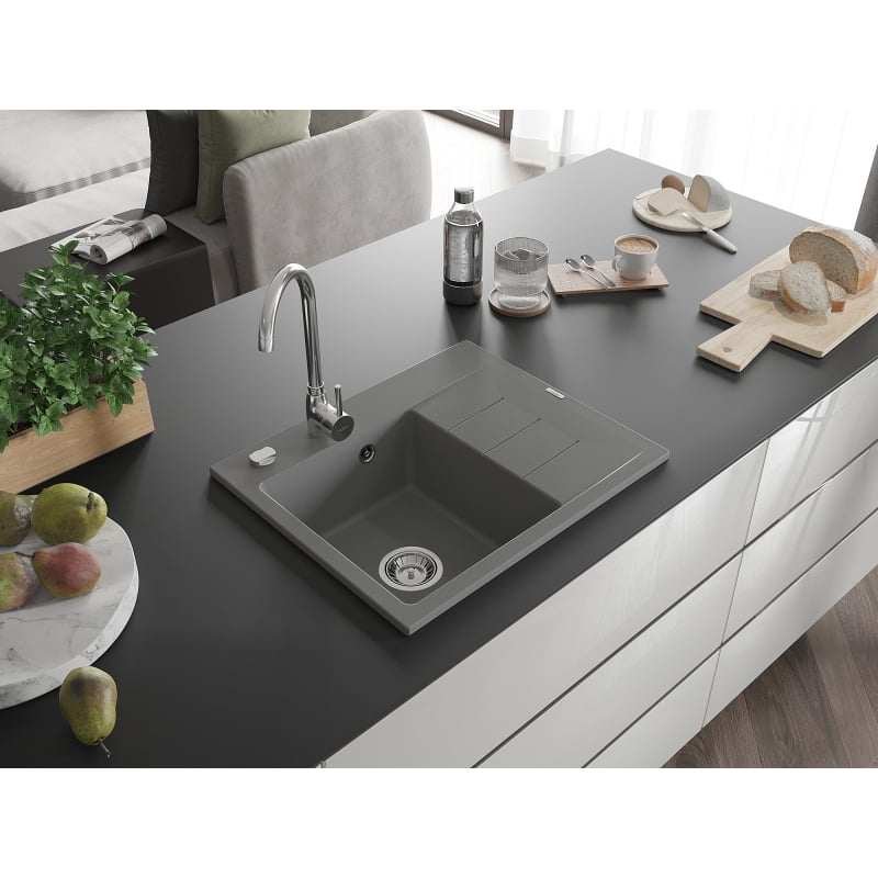 Mexen Ben évier en granit 1 bac avec égouttoir, gauche 600 x 500 mm, gris, siphon chromé - 6522605000-71