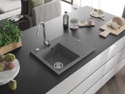 Mexen Ben évier en granit 1 bac avec égouttoir gauche 600 x 500 mm, gris, siphon chrome - 6522605000-71