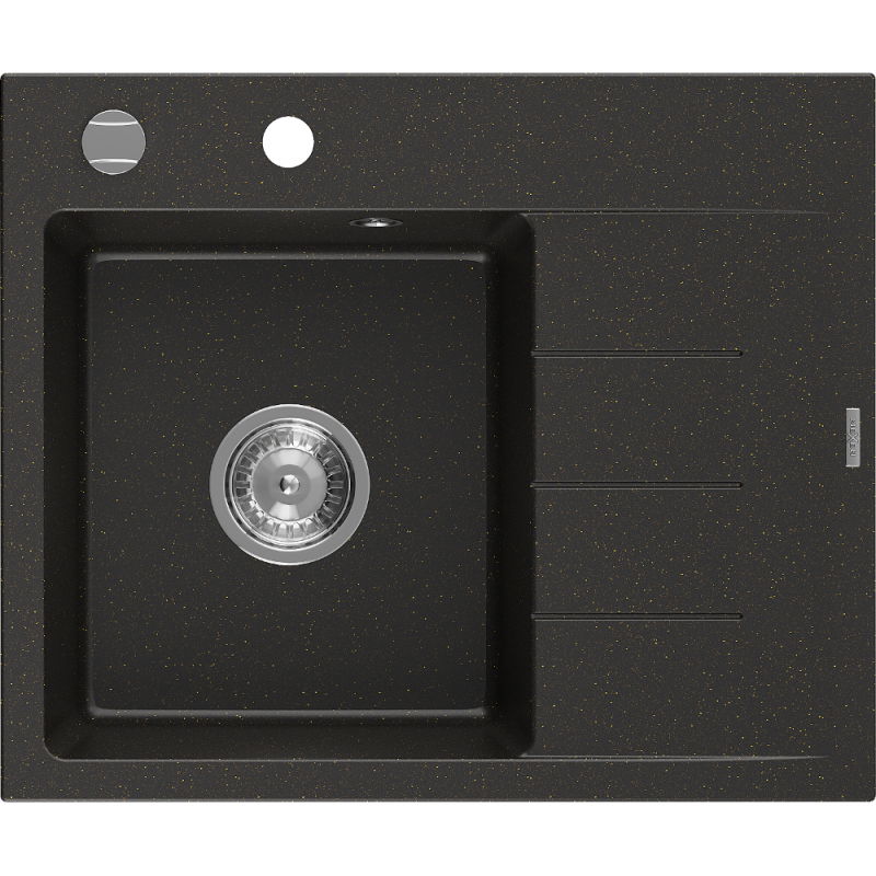 Mexen Ben évier en granit 1 bac avec égouttoir gauche 600 x 500 mm, noir/doré métallisé, siphon chromé - 6522605000-75