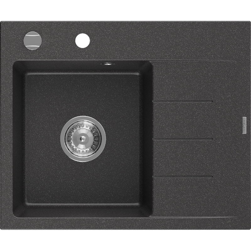 Mexen Ben évier en granit 1 bac avec égouttoir gauche 600 x 500 mm, noir moucheté, siphon chromé - 6522605000-76