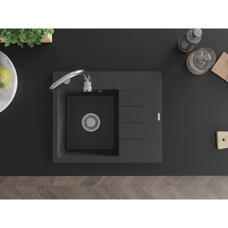 Mexen Ben Évier en granit 1 bac avec égouttoir, gauche 600 x 500 mm, noir moucheté, siphon chromé - 6522605000-76
