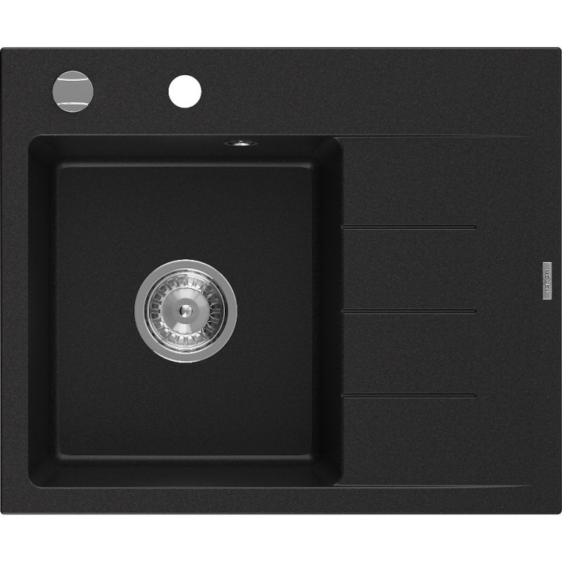 Mexen Ben évier en granit 1 bac avec égouttoir gauche 600 x 500 mm, noir, siphon chromé - 6522605000-77