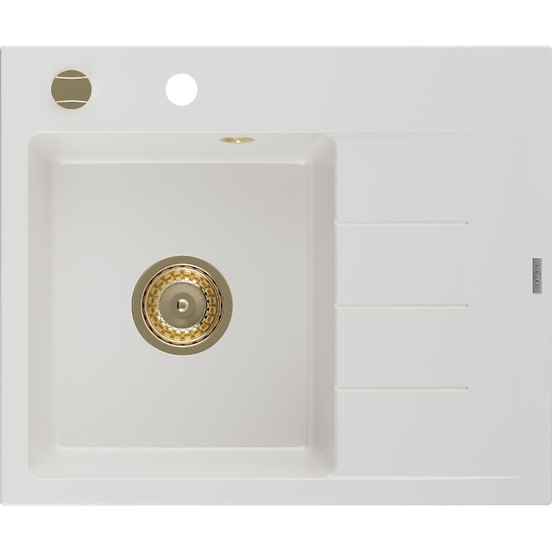 Évier de cuisine Mexen Ben en granit 1 bac avec égouttoir gauche 600 x 500 mm, blanc, siphon doré - 6522605000-20-G