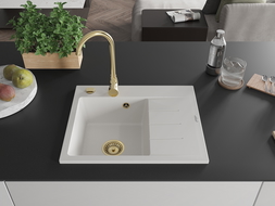 Évier de cuisine Mexen Ben en granit 1 bac avec égouttoir gauche 600 x 500 mm, blanc, siphon doré - 6522605000-20-G