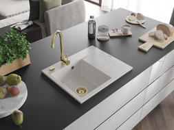 Mexen Ben évier en granit 1 bac avec égouttoir, gauche 600 x 500 mm, blanc, siphon doré - 6522605000-20-G