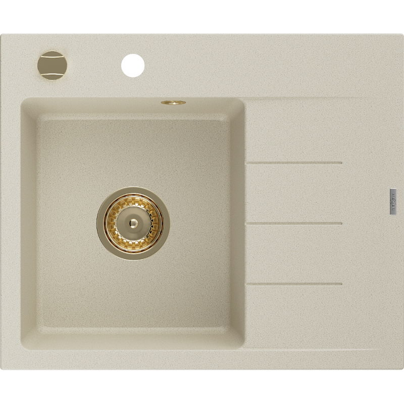 Mexen Ben évier en granit 1 bac avec égouttoir gauche 600 x 500 mm, beige, siphon doré - 6522605000-69-G