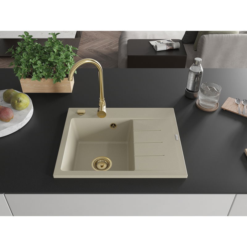 Mexen Ben évier en granit 1 bac avec égouttoir, à gauche 600 x 500 mm, beige, siphon doré - 6522605000-69-G