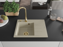 Mexen Ben évier en granit 1 bac avec égouttoir gauche 600 x 500 mm, beige, siphon doré - 6522605000-69-G