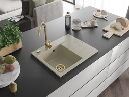 Mexen Ben évier en granit 1 bac avec égouttoir, à gauche 600 x 500 mm, beige, siphon doré - 6522605000-69-G