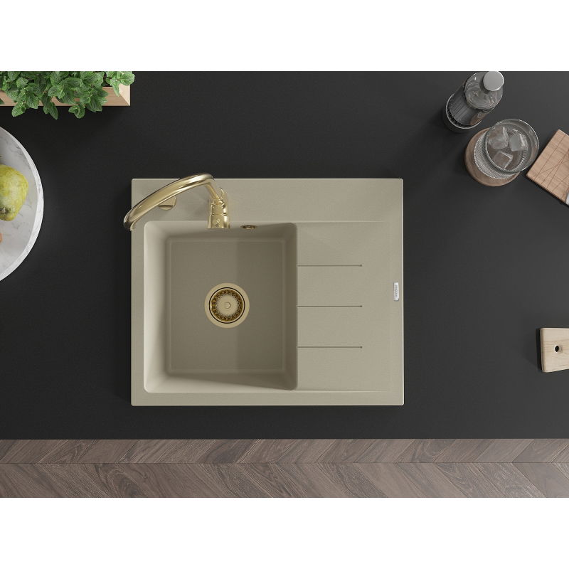 Mexen Ben évier en granit 1 bac avec égouttoir, à gauche 600 x 500 mm, beige, siphon doré - 6522605000-69-G