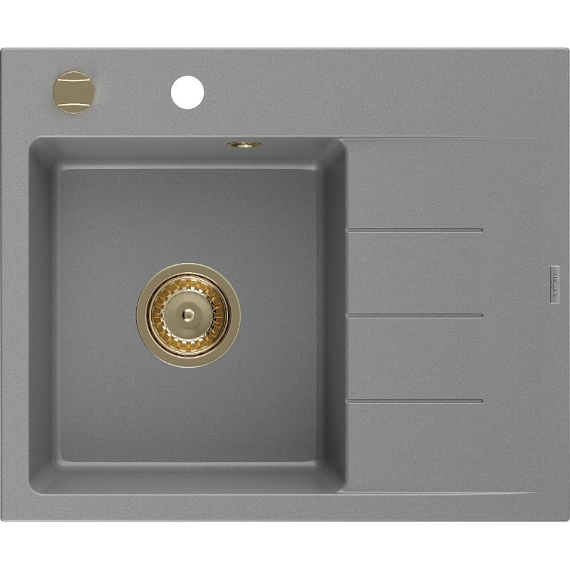Mexen Ben évier de cuisine en granit 1 bac avec égouttoir, gauche 600 x 500 mm, gris, siphon doré - 6522605000-71-G