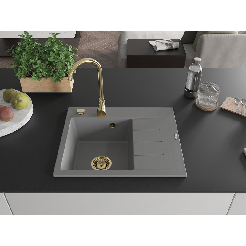 Mexen Ben évier de cuisine en granit 1 bac avec égouttoir, gauche 600 x 500 mm, gris, siphon doré - 6522605000-71-G