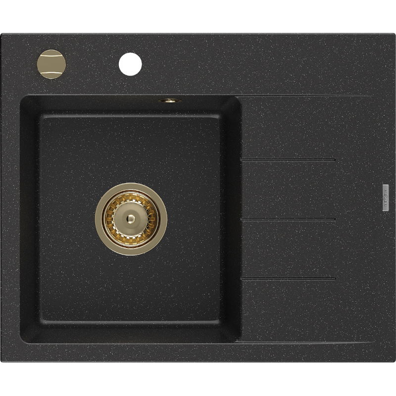 Mexen Ben évier en granit 1 bac avec égouttoir, à gauche 600 x 500 mm, noir/métallisé argenté siphon doré