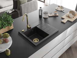 Mexen Ben évier en granit 1 bac avec égouttoir à gauche 600 x 500 mm, noir/argent métallisé, siphon doré - 6522605000-73-G