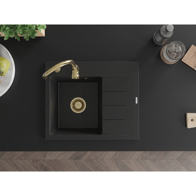 Mexen Ben évier en granit 1 bac avec égouttoir, à gauche 600 x 500 mm, noir/métallisé argenté siphon doré