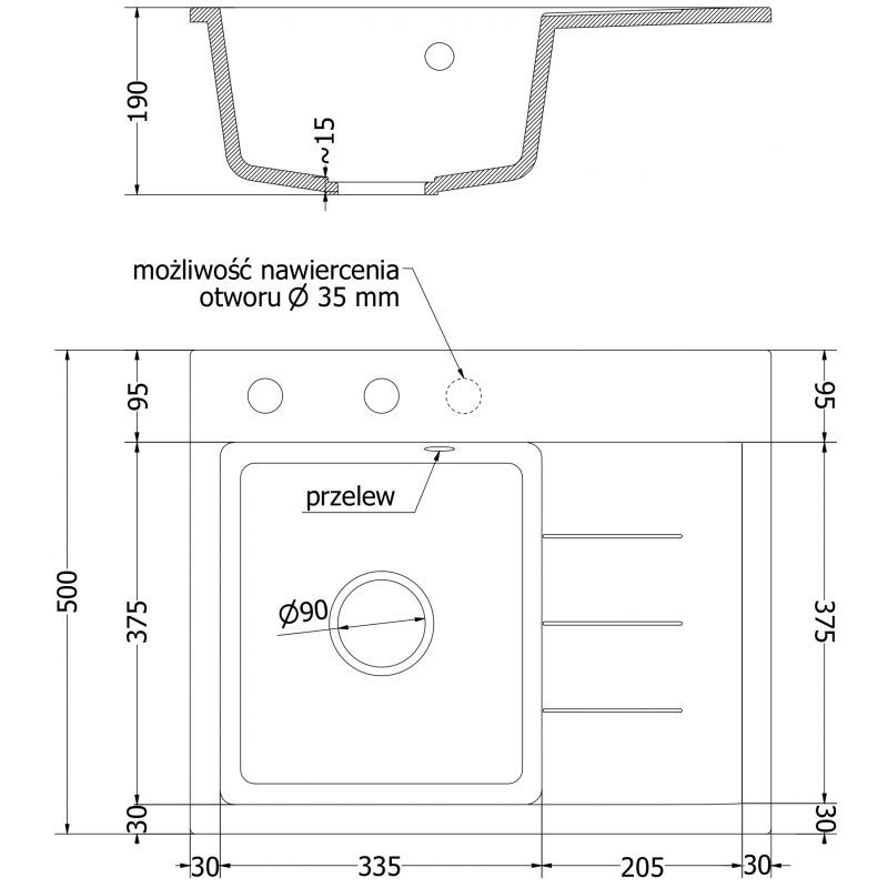 Mexen Ben Évier en granit 1 bac avec égouttoir, à gauche 600 x 500 mm, noir/doré métallisé, siphon doré - 6522605000-75-G