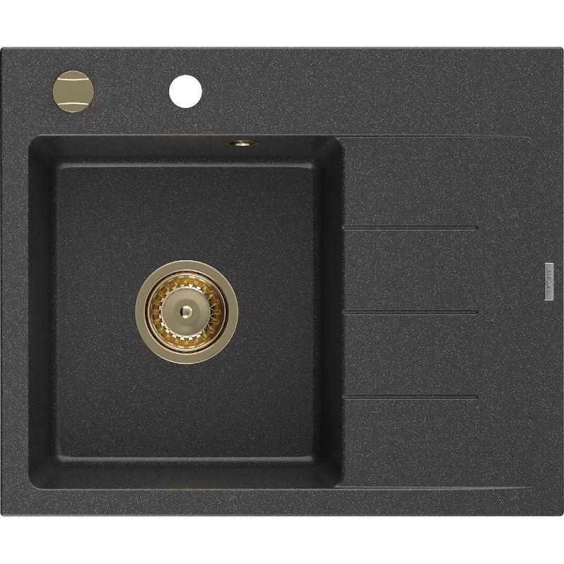 Mexen Ben évier en granit à 1 bac avec égouttoir, gauche 600 x 500 mm, noir moucheté, siphon doré - 6522605000-76-G