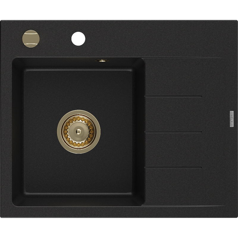 Mexen Ben évier en granit 1 bac avec égouttoir, gauche 600 x 500 mm, noir, siphon doré - 6522605000-77-G