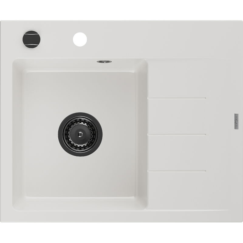 Mexen Ben évier en granit 1 bac avec égouttoir, gauche 600 x 500 mm, blanc, siphon noir - 6522605000-20-B