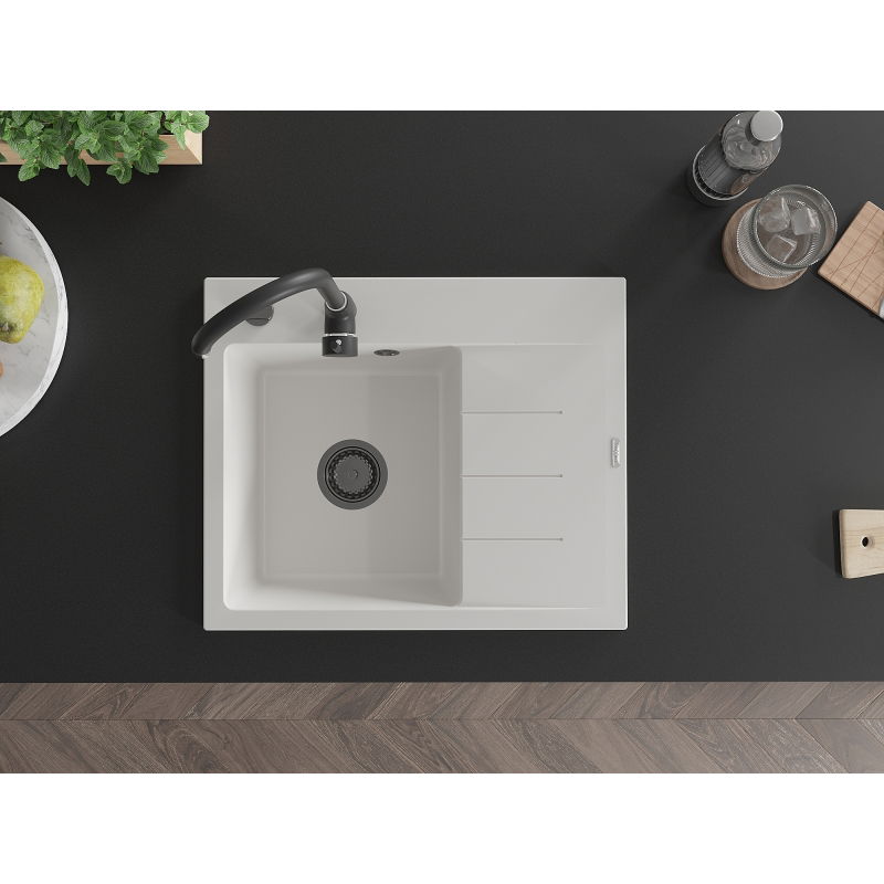 Mexen Ben évier en granit 1 bac avec égouttoir, gauche 600 x 500 mm, blanc, siphon noir - 6522605000-20-B