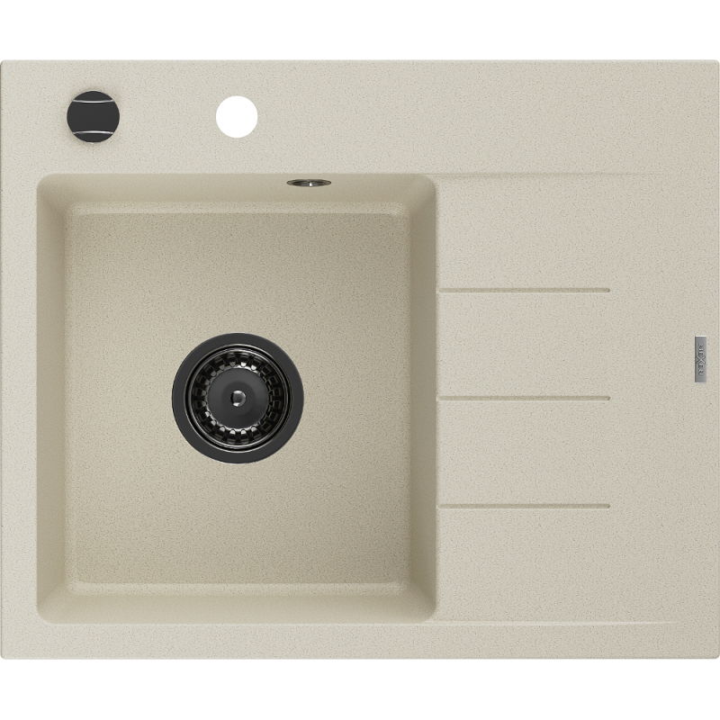 Mexen Ben évier en granit 1 bac avec égouttoir gauche 600 x 500 mm, beige, siphon noir - 6522605000-69-B