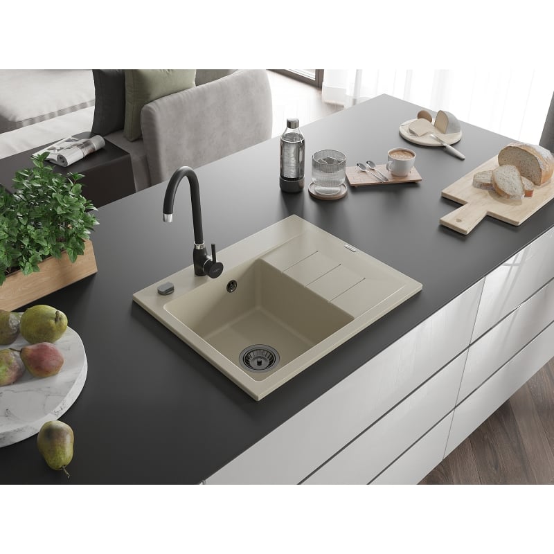 Mexen Ben évier en granit 1 bac avec égouttoir, gauche 600 x 500 mm, beige, siphon noir - 6522605000-69-B