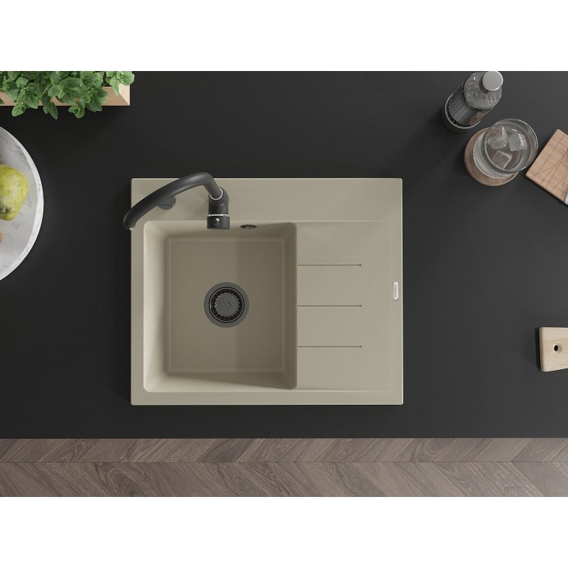 Mexen Ben évier en granit 1 bac avec égouttoir, gauche 600 x 500 mm, beige, siphon noir - 6522605000-69-B