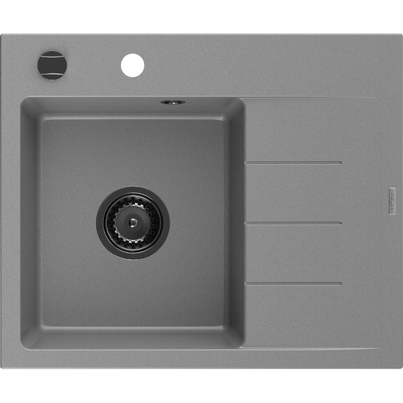 Mexen Ben évier en granit à 1 bac avec égouttoir, gauche 600 x 500 mm, gris, siphon noir - 6522605000-71-B