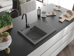 Évier en granit Mexen Ben 1 bac avec égouttoir gauche 600 x 500 mm, gris, siphon noir - 6522605000-71-B