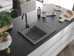 Mexen Ben évier en granit à 1 bac avec égouttoir, gauche 600 x 500 mm, gris, siphon noir - 6522605000-71-B