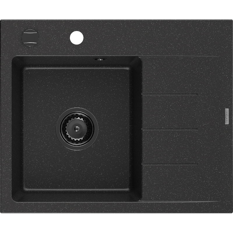 Mexen Ben évier en granit 1 bac avec égouttoir gauche 600 x 500 mm noir/argent métallisé, siphon noir - 6522605000-73-B