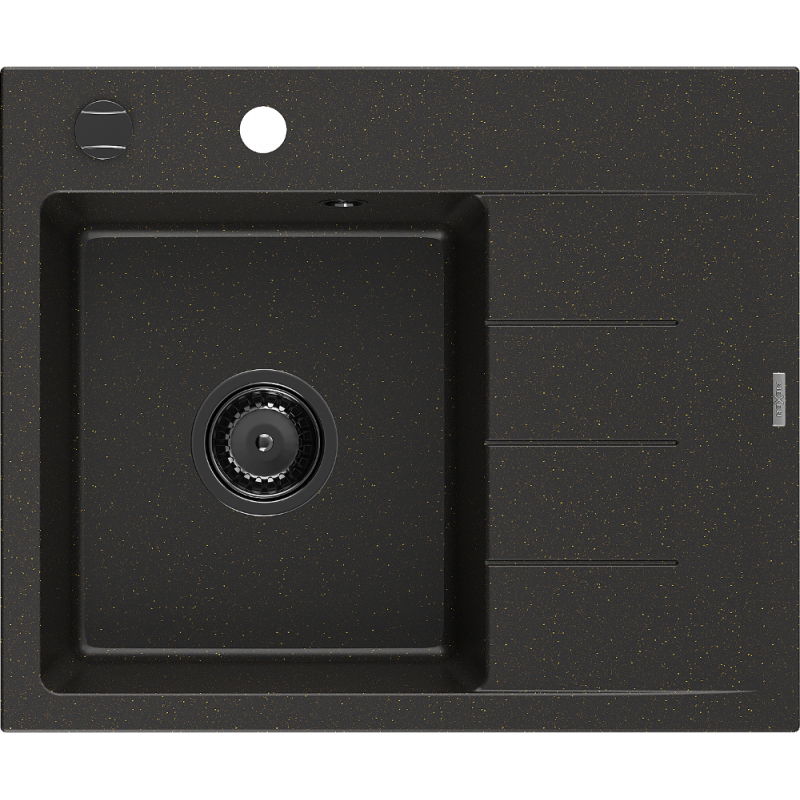 Mexen Ben évier en granit 1 bac avec égouttoir gauche 600 x 500 mm, noir/doré métallisé, siphon noir - 6522605000-75-B