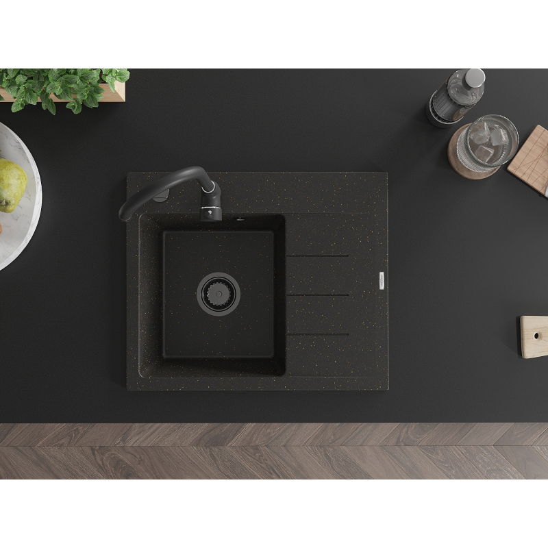 Mexen Ben évier en granit 1 bac avec égouttoir, gauche 600 x 500 mm, noir/or métallique, siphon noir - 6522605000-75-B
