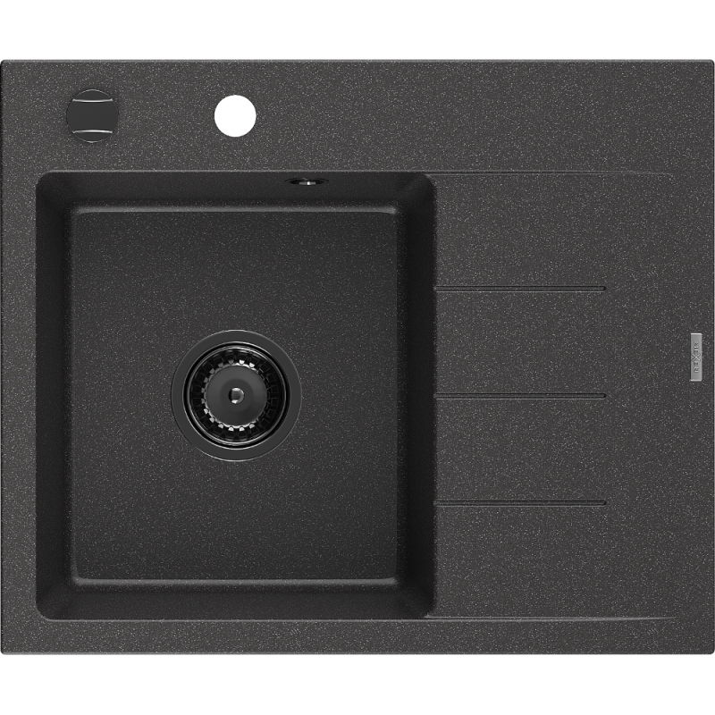 Mexen Ben évier granit 1 bac avec égouttoir gauche 600 x 500 mm, noir moucheté, siphon noir - 6522605000-76-B