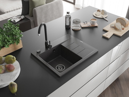 Mexen Ben évier en granit 1 bac avec égouttoir, gauche 600 x 500 mm, noir moucheté, siphon noir - 6522605000-76-B