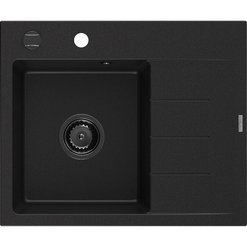 Mexen Ben évier en granit à 1 bac avec égouttoir à gauche 600 x 500 mm, noir, siphon noir - 6522605000-77-B