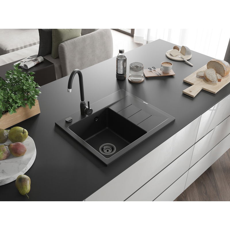 Mexen Ben évier en granit 1 bac avec égouttoir, gauche 600 x 500 mm, noir, siphon noir - 6522605000-77-B