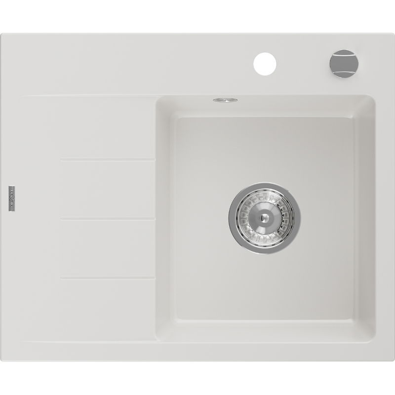 Mexen Ben évier de cuisine en granit à 1 bac avec égouttoir à droite 600 x 500 mm, blanc, siphon chrome - 6523605000-20