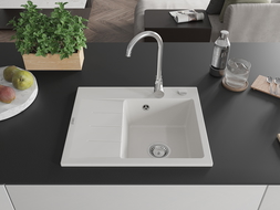 Mexen Ben évier de cuisine en granit à 1 bac avec égouttoir à droite 600 x 500 mm, blanc, siphon chrome - 6523605000-20