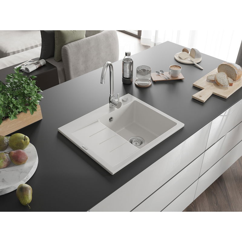 Mexen Ben évier en granit 1 bac avec égouttoir, droit 600 x 500 mm, blanc, siphon chromé - 6523605000-20