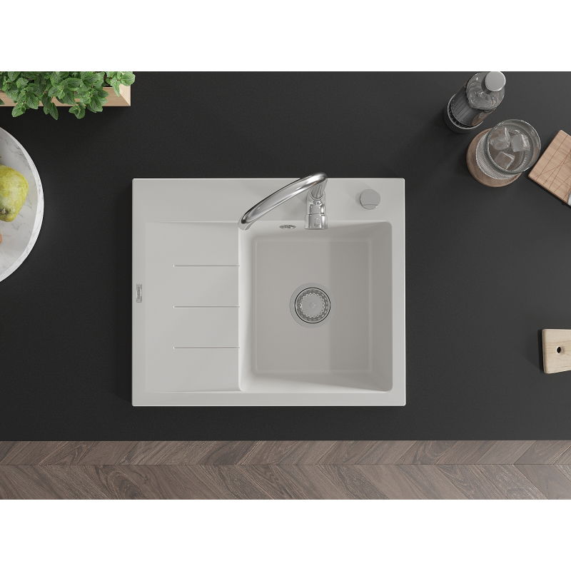 Mexen Ben évier en granit 1 bac avec égouttoir, droit 600 x 500 mm, blanc, siphon chromé - 6523605000-20