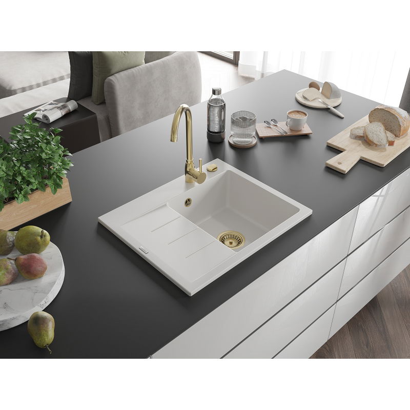 Mexen Ben Évier en granit 1 bac avec égouttoir, droit 600 x 500 mm, blanc, siphon doré - 6523605000-20-G